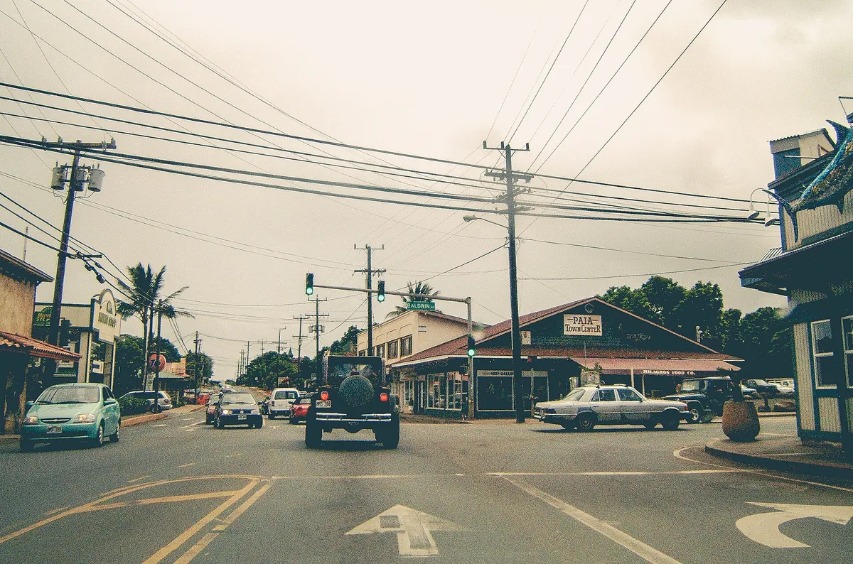 The historic plantation-era main street of Pāʻia town on Maui